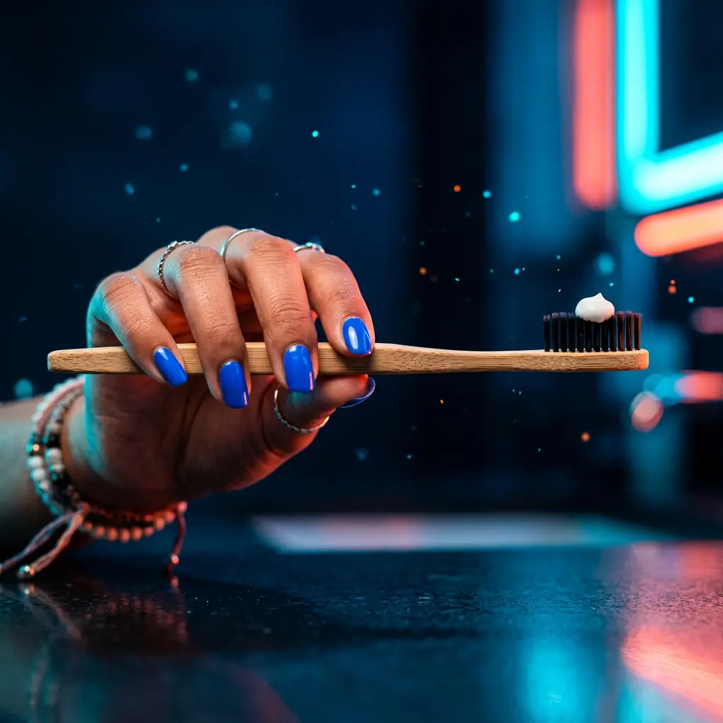 A hand with electric-blue nails holding a dry bamboo toothbrush topped with a small dab of OXY Shield under neon light