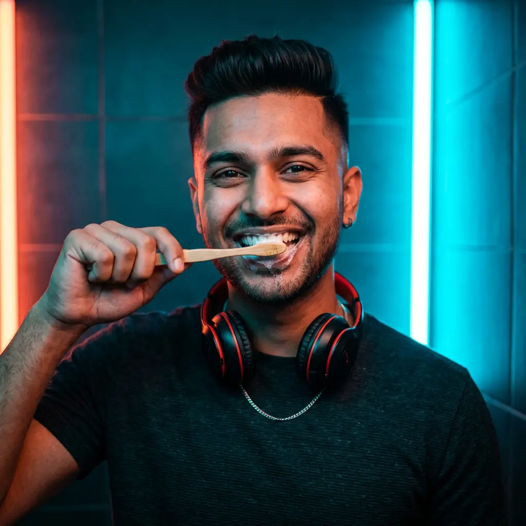 A smiling young man with headphones around his neck brushing gently under cyan and coral light